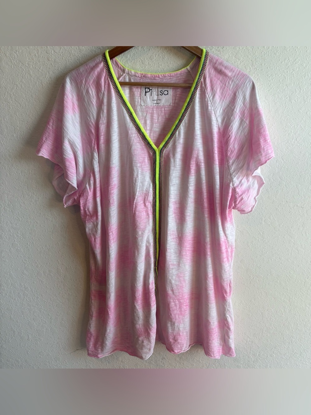 Pitusa Pima Mini Abaya light pink tie-dye with neon yellow signature Inca trim